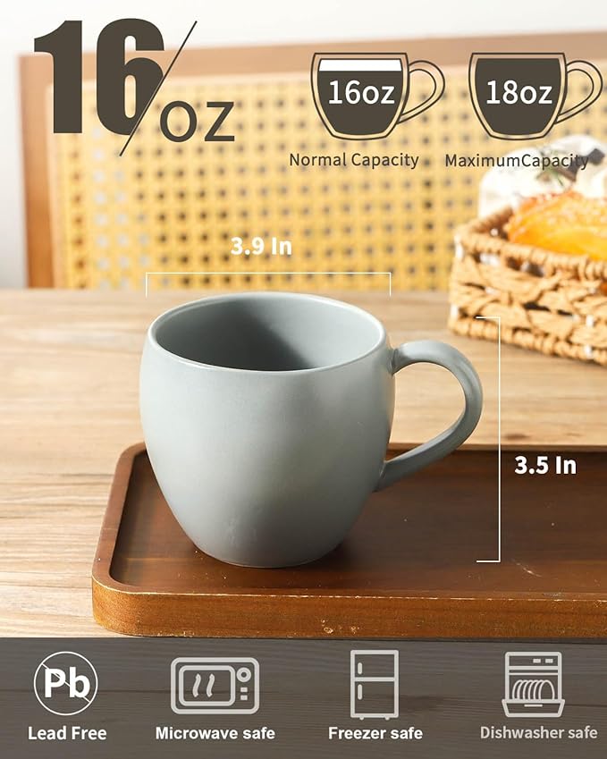 Coffee Mugs Set of 4, 16 oz Ceramic Coffee Cups for Latte, Tea, Milk, Cereal, Cappuccino, Stoneware Tea Cups for Housewarming Wedding Gifts, Microwave & Dishwasher Safe, Pebble Gray