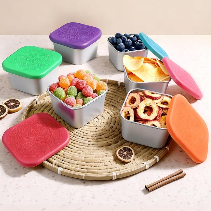 6Pack Stainless Steel Snack Containers for Kids, 6oz Easy Open Leak Proof Small Food Storage Container with Silicone Lids, Stackable Metal Toddler Lunch Box for Daycare, School and Travel