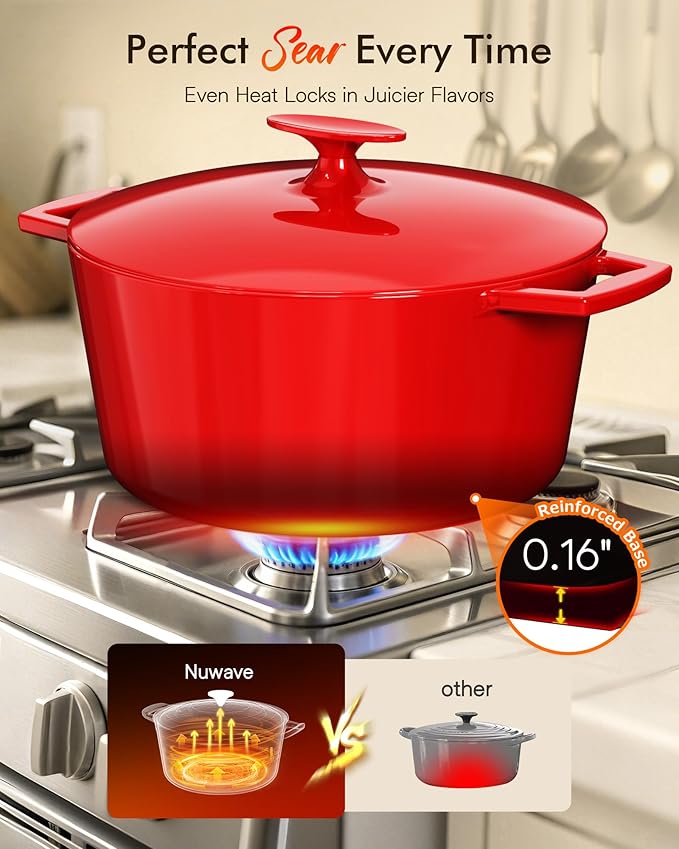 Nuwave 6QT LUX Healthy Enameled Cast Iron Dutch Oven Pot with Lid, Heavy Duty 7-Layer Enamel, Enhanced Rust Protection, Dual Handles, Oven Safe to 500°F for Sourdough Bread Baking, Braise, Stew, Roast