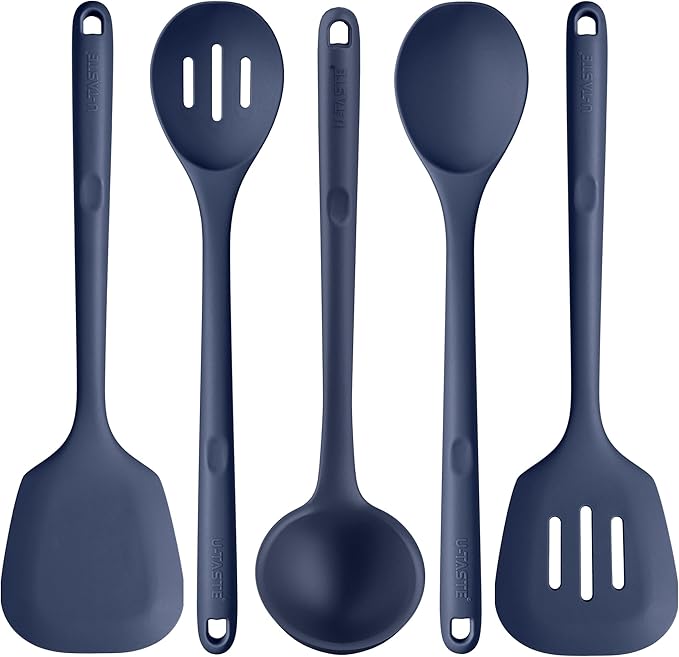 Silicone Kitchen Cooking Utensil Set: U-Taste High Heat Resistant 13.6in Kitchen Gadgets, BPA Free Non Stick Rubber Cook Accessories For Stir Frying, Serving, Basting, Mixing (5 Pieces, Midnight Blue)