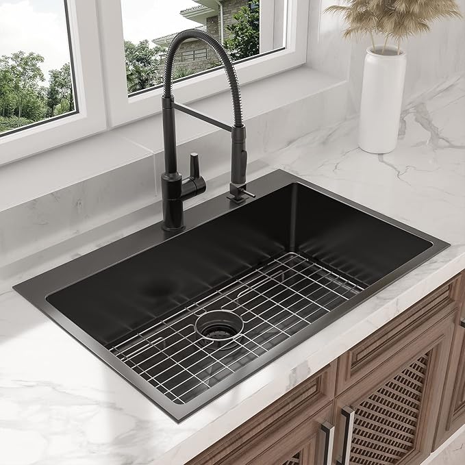 Lordear 33 Black Kitchen Sink Drop In 33x22 Gunmetal Black 16 Gauge Stainless Steel Drop In Kitchen Sinks R10 Round Corner Single Bowl Topmount Over Counter Rectangular Sink Basin
