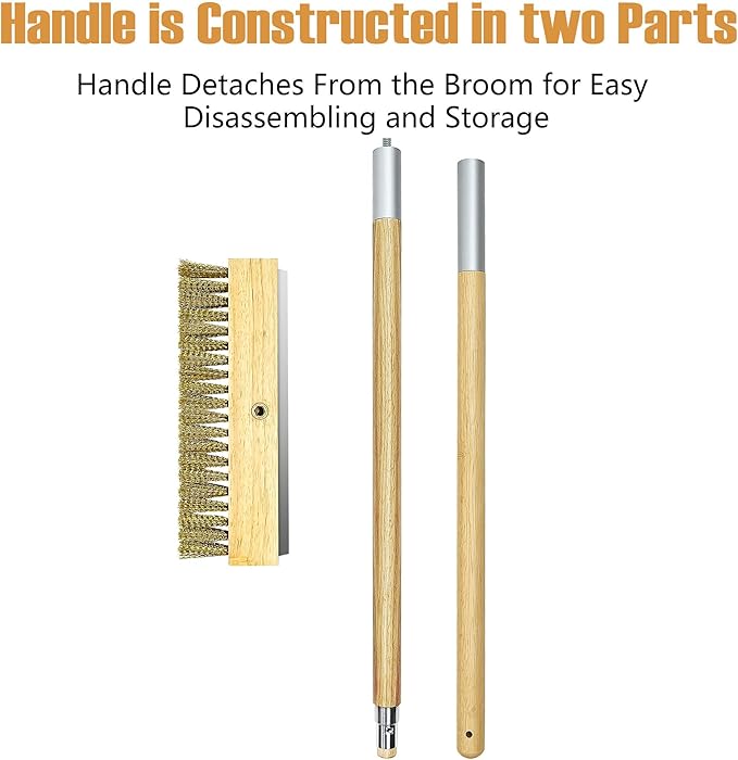 LRUI Pizza Oven Brush with Scraper,41-Inch Long Wood Handle Brass Bristles,Outdoor Pizza Oven Brush.