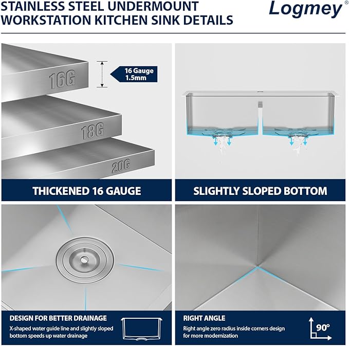 Logmey 33 Inch Double Bowl Kitchen Sink Drop In Kitchen Sinks Workstation 33x22x9 Inch 50/50 Stainless Steel 16 Gauge Handmade Topmount Sink