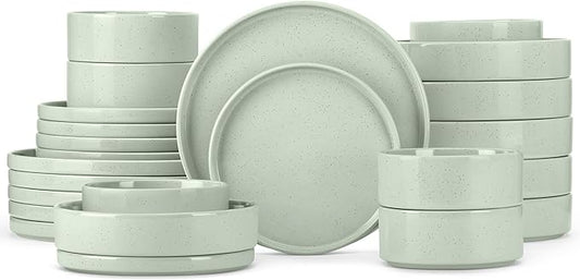 Herogo 24 Piece Plates and Bowls Set, Kitchen Dinnerware Sets with Pasta Bowls, Dinner Ware Dishes Service for 6, Chip & Scratch Resistant Porcelain Kitchen Dishware, Speckled Light Green