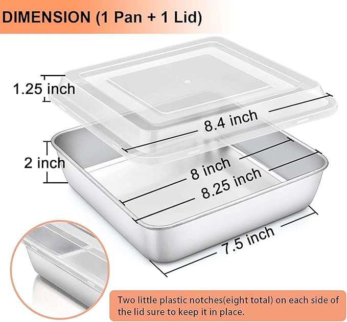 TeamFar Square Cake Pan with Lid (1 Pan & 1 Lid), 8 Inch Square Stainless Steel Baking Tray Cake Brownie Tin For Meal Prep Storage Transporting Food, Healthy & Sturdy, Dishwasher Safe