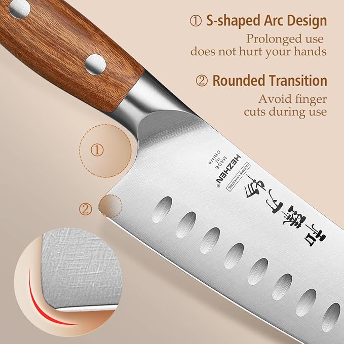 HEZHEN Santoku Chef Knife-7.3 inch Blade German DIN 1.4116 Stainless Steel-Full Tang-Red Wood Handle