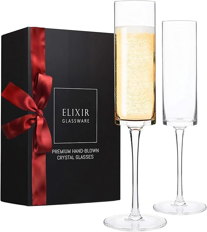 ELIXIR GLASSWARE Champagne Flutes - 6 oz - Set of 2 Crystal Glass Flutes, Hand Blown Edge Champagne Glasses - Premium Crystal Champagne Glasses - Wedding Gifts for Couples, Engagement Gift