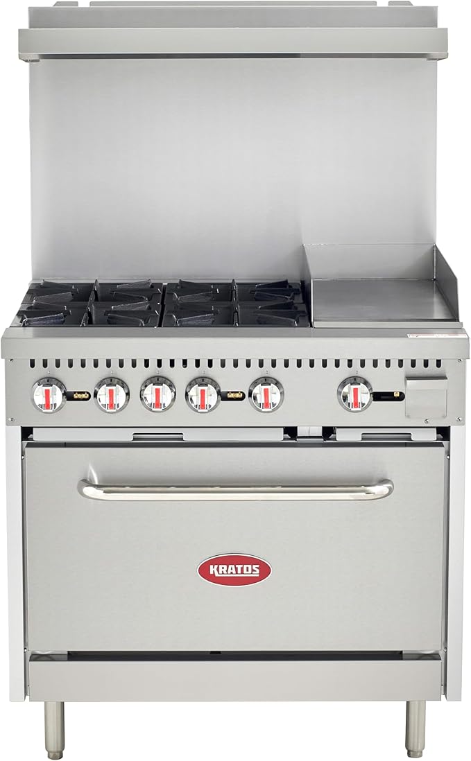 Kratos Commercial Gas Range, 36" Wide with 12" Griddle, 4 Burners, and 1 Standard Oven, Natural Gas (29Y-173-NAT)