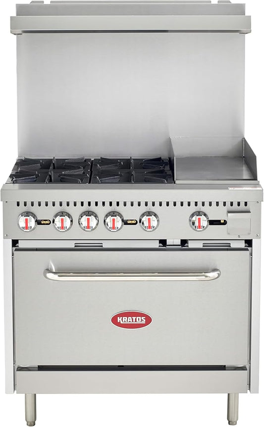 Kratos Commercial Gas Range, 36" Wide with 12" Griddle, 4 Burners, and 1 Standard Oven, Natural Gas (29Y-173-NAT)