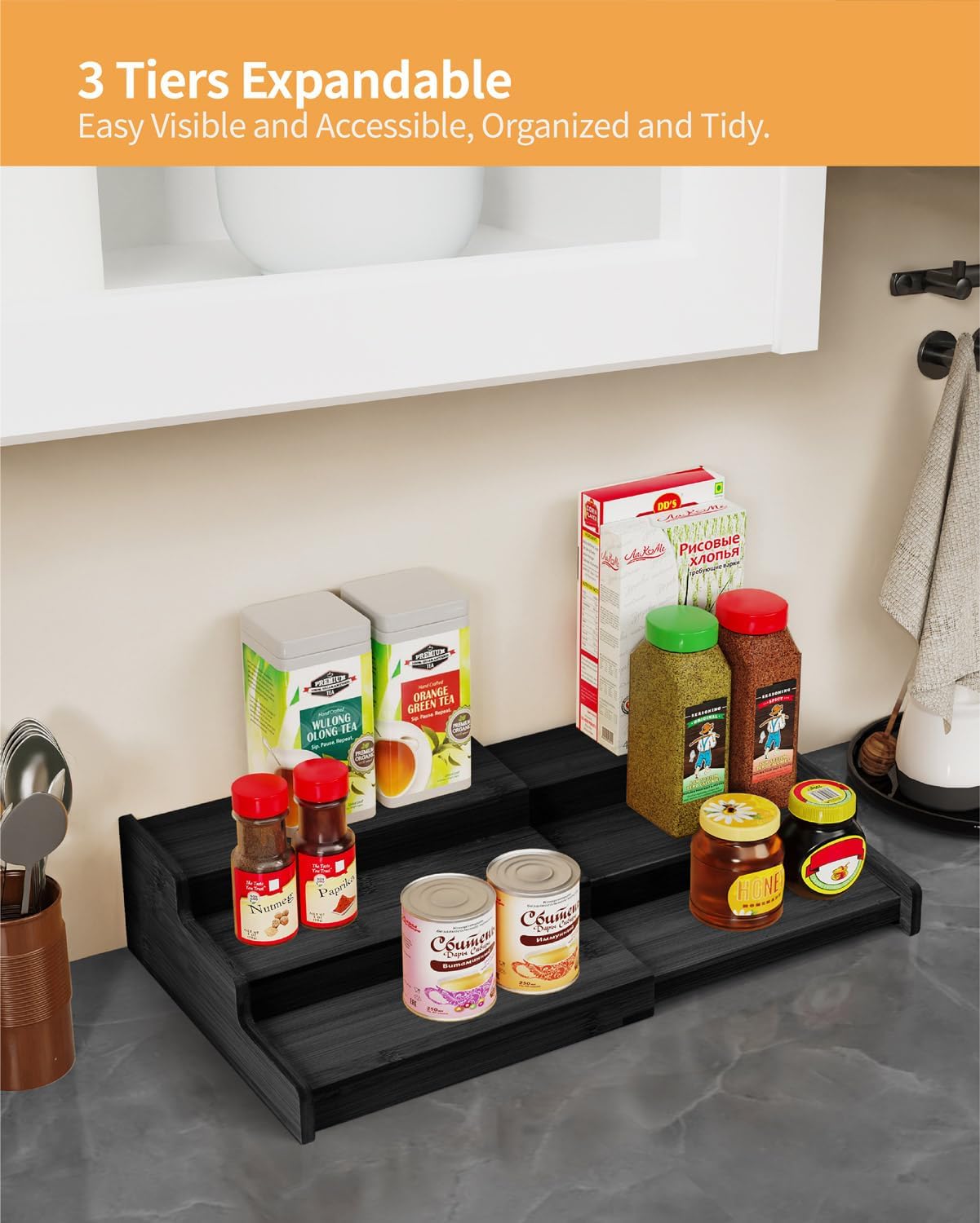 Spice Rack Organizer, 3 Tier Expandable Bamboo Spice Rack Organizer, Great for Kitchen Cabinet, Cupboard, Pantry and More-Black(2pack)