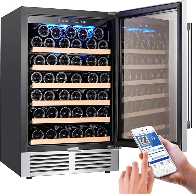 BODEGA Wine Fridge Freestanding, 24 inch Under Counter Wine Refrigerator, Cooler with App Control, Glass Door, for Kitchen, Bedroom, Home, Office, Holds 52 Bottles