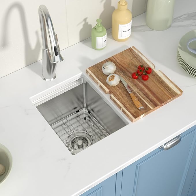 Undermount Bar Sink 12x15 Inch Kitchen Sink Single Bowl Workstation 16 Gauge Stainless Steel 8 In Deep Small Bar Sinks with Practical Accessories