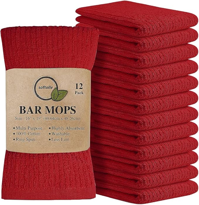 Softolle Bar Mop Towels, Pack of 12-16x19 Inches - 100% Cotton Super Absorbent Towels, Multi-Purpose for Home and Bar Cleaning (Red)