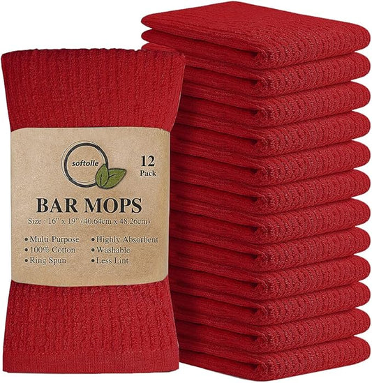 Softolle Bar Mop Towels, Pack of 12-16x19 Inches - 100% Cotton Super Absorbent Towels, Multi-Purpose for Home and Bar Cleaning (Red)