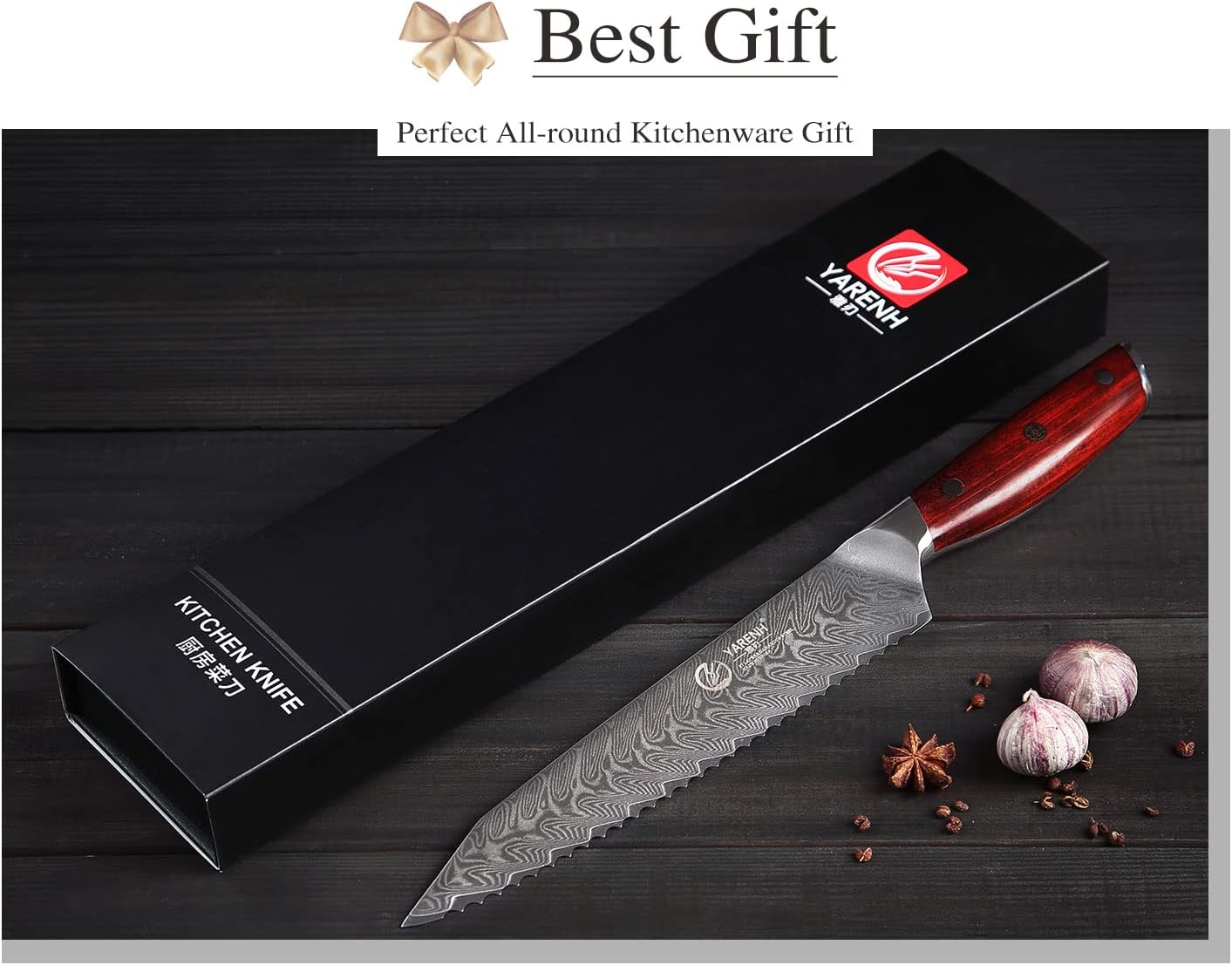 YARENH Damascus Bread Knife - 8-Inch Ultra-Sharp Serrated Knife,67-Layer Damascus Steel Blade, Long-Lasting Performance, Exquisite Sandalwood Handle, Ideal for Gifting
