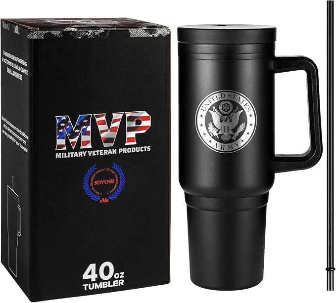 Army 40oz Insulated Tumbler with Handle, Lid & Straw - US ARMY Gifts - Use for Water, Tea, Coffee & More | Army 40oz Tumbler