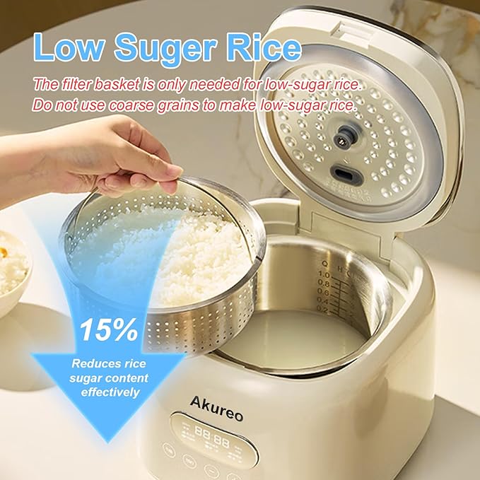 5 cup Low Suger Rice Cooker with 304 Stainless Steel Steamer Basket, 2.5L mini Small Rice Cookers, Smart Control Multifunction,Cooking & Warmer