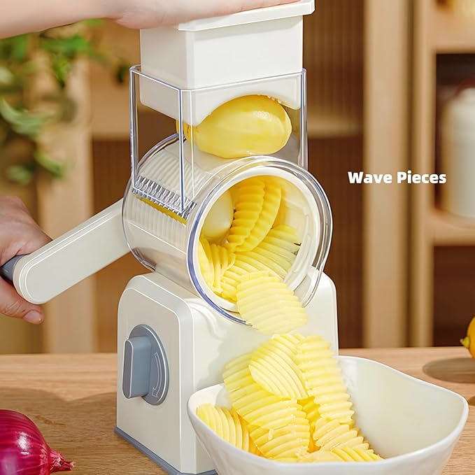 Rotary Cheese Grater with Handle,Replaceable Stainless Blades Cheese Shredder,Multi-Functional Cheese Vegetable Slicer with Storage Box,Easy to Clean Kitchen Gadgets with Storage Box (Beige, 5 Blades)