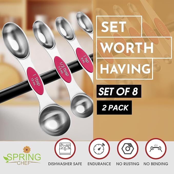 Spring Chef Magnetic Measuring Spoons Set, Dual Sided, Stainless Steel, Fits in Spice Jars, Pink, Set of 8, 2 Pack