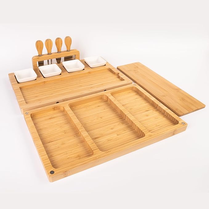 Charcuterie Board Set - Bamboo Cheese Board & Serving Tray with Stainless Steel Knives and Bowls, Housewarming Gifts New Home, Gift for Wedding Couple, Bridal Shower (NLB, 01)