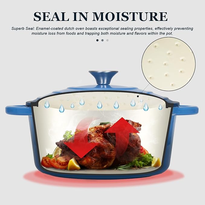 Overmont Enameled Cast Iron Dutch Oven - 4.5QT Pot with Lid Cookbook & Cotton Potholders - Heavy-Duty Cookware for Braising, Stews, Roasting, Bread Baking blue
