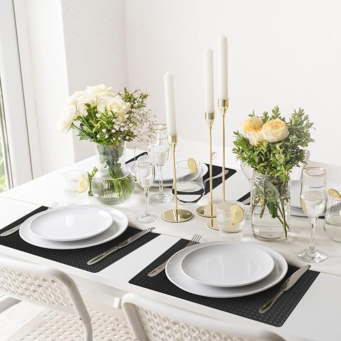 Vinyl Placemats Set of 6-12×17.7 Inch Waterproof & Heattable Placemats, Fall Faux Leather Wipeable Outdoor Table Mat for Dining, Kitchen, Indoor Outdoor Use (Black, Woven Pattern)