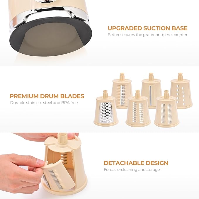 SUSTEAS Rotary Cheese Grater with Handle, Vegetable Slicer, 6 Interchangeable Blades, Reinforced Suction, Easy to Clean, Kitchen Shredder for Crushed Ice, Fruits, Nuts with Blade Storage Case, Beige
