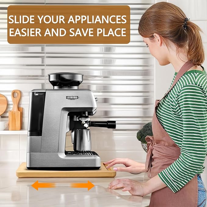 Sliding Tray for Coffee Maker, Appliance Slider Bamboo with Rubber Wheels for Heavy Kitchen Appliances, Coffee Pot Slider Tray for Countertop(14"D x 9.5"W)