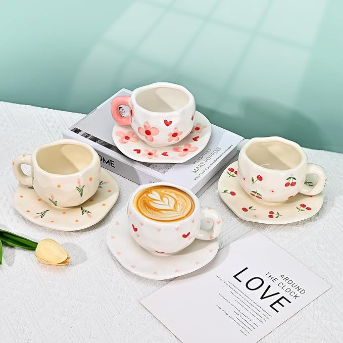 Koythin Ceramic Coffee Mug with Saucer Set, Cute Pink Tulip Flower Cup Unique Irregular Design for Office and Home, 10 oz/300 ml for Latte Tea Milk