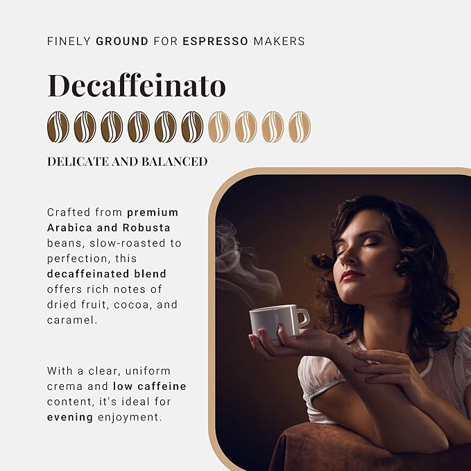 Caffè Vergnano Italian Finely Ground Decaf Coffee – 100% Arabica for Moka, Intensity Level 6 – Rich, Full Flavor Without Caffeine, Notes of Dried Fruit, Cocoa & Caramel - 8.82 oz Tin