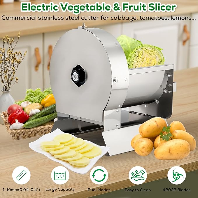2-in-1 Electric Vegetable and Fruit Slicer, Adjustable Thickness 0.04-0.4", Commercial Stainless Steel Cutter for Cabbage, Tomatoes, Lemons