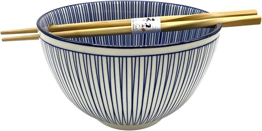Urban Tokyo Porcelain Japanese Motif Design Ramen Udon Noodle Rice Bowl With Chopsticks 20 fl oz 6 inch Diameter Bowl Sets Color Box Packaging (Tokusa Lines)