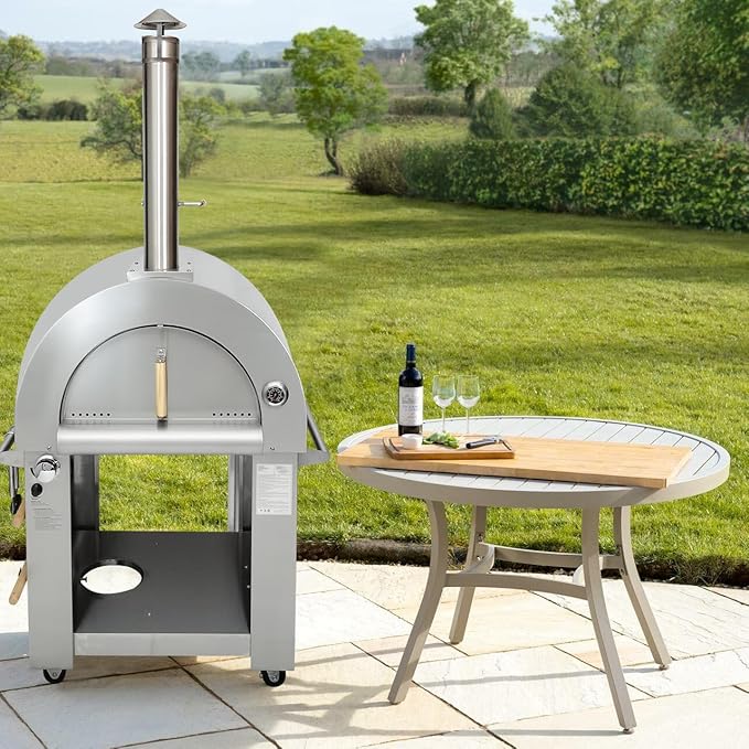 32.5 inch Wood Fired and Propane Gas Pizza Oven for Outdoor Kitchen in Stainless Steel, Large Pizza Oven for Outside, Yard and Party (Red with Cover)