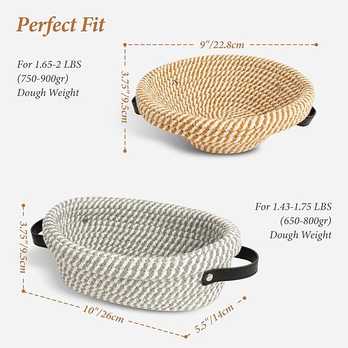 Handmade Cotton Rope Banneton Bread Proofing Basket Set, 50oz Sourdough Starter Jar - Oval & Round Bread Baskets, Sourdough Starter Kit, Bread Making Tools Kit, Black