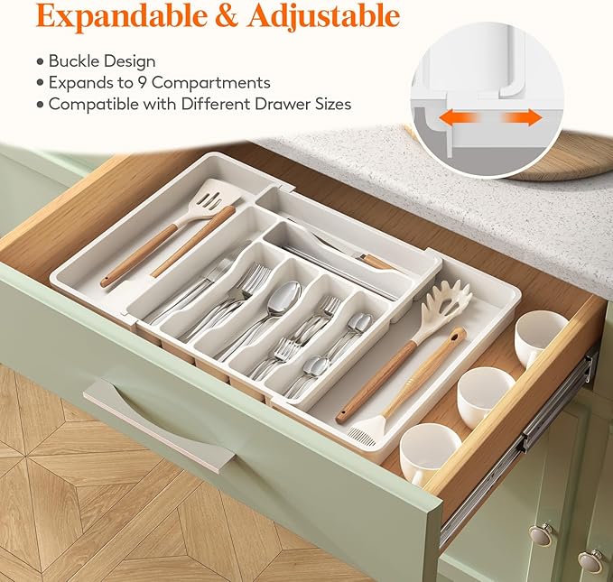 Lifewit Silverware Drawer Organizer, Expandable Utensil Organizer for Kitchen Drawers, Adjustable Cutlery and Flatware Tray, Plastic Spoons Forks Knives Holder Storage Dividers, Large, White