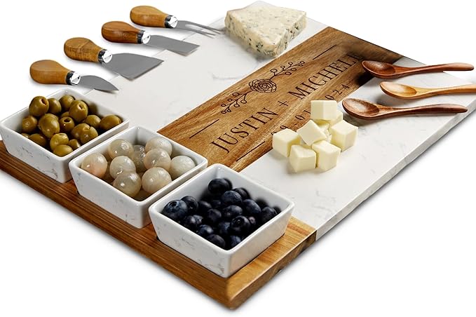 Personalized Wedding Gifts for Couples,Marble Wood Charcuterie Board,Newlyweds,Bridal Shower Gifts for Bride, Husband,Wife,Engagement Gifts,Mr and Mrs Gifts,Custom Laser Engraved Cheese Serving Board