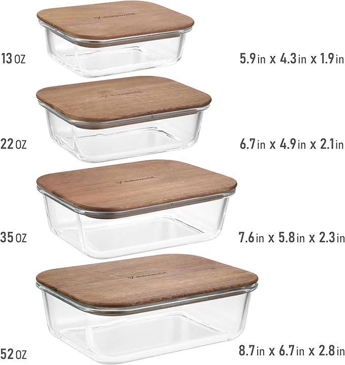 Glass Tupperware Set with Acacia Lids - 4 Stackable Meal Prep Containers. Durable heat resistant Inert Borosilicate Glass
