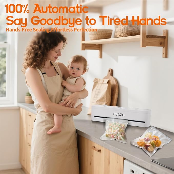 PULZO True-Auto Vacuum Sealer Machine, 85KPa Vacuum Sealer for Food with Digital Countdown, LED Smart Touch, External Sliding Blade, Dry/Moist Mode, Removable Drip tray, Complete Starter Kits