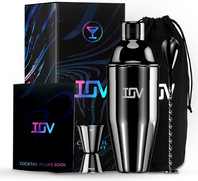 IOV Cocktail Shaker Bar Set, 24oz Martini Shaker with Built-in Strainer, Bar Tool Kit with Recipes Booklet, Professional Stainless Steel Large Bartender Drink Shaker Margarita Alcohol Mixer-Black