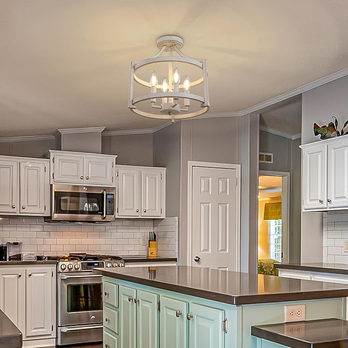 4-Light Farmhouse Chandelier, Distressed Hanging Pendant Lighting, Convertible Semi Flush Mount Ceiling Light Fixture Vintage White Metal Chandeliers for Dining Room Kitchen Foyer Entryway