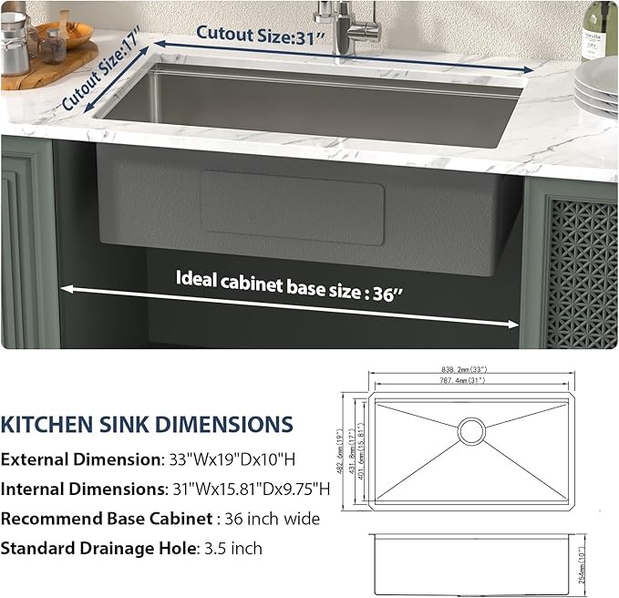 Lordear 33 Undermount Kitchen Sink 33" x 19" Stainless Steel Sinks 16 Gauge Single Bowl Ledge Workstation Handmade Under Counter Kitchen Sink Basin with Built-In Accessories