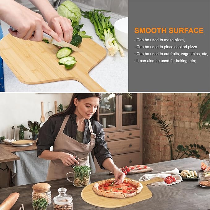 16 inch Natural Bamboo Pizza Peel Set of 2, Double-Sided Use Pizza Cutting Board with 8 Slice Grooves for Pizza, Bread, Cheese, Vegetable, Fruits