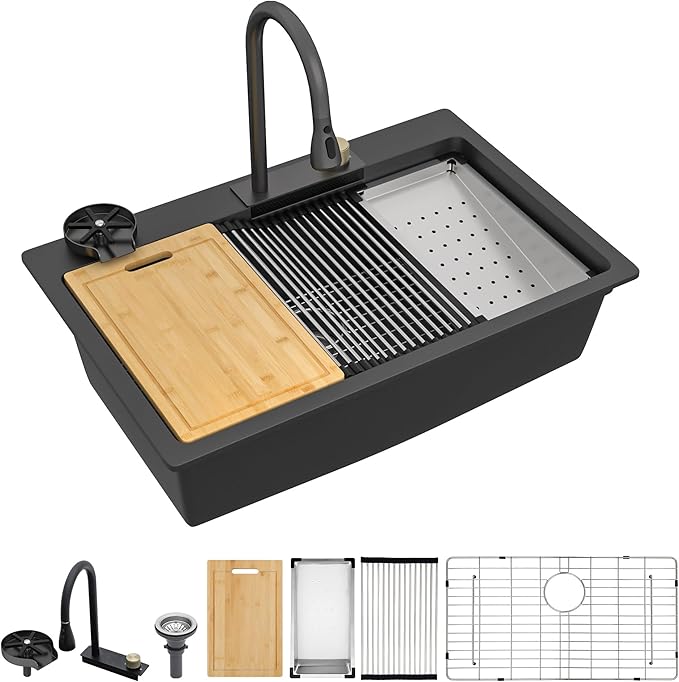 33"x22" Waterfall Kitchen Sink Workstation - Matte Black Granite Composite Quartz Classic Drop In Topmount Single Bowl Smart Waterfall Sink with Faucet Combo & Glass Rinser