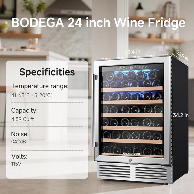 BODEGA Wine Fridge Freestanding, 24 inch Under Counter Wine Refrigerator, Cooler with App Control, Glass Door, for Kitchen, Bedroom, Home, Office, Holds 52 Bottles