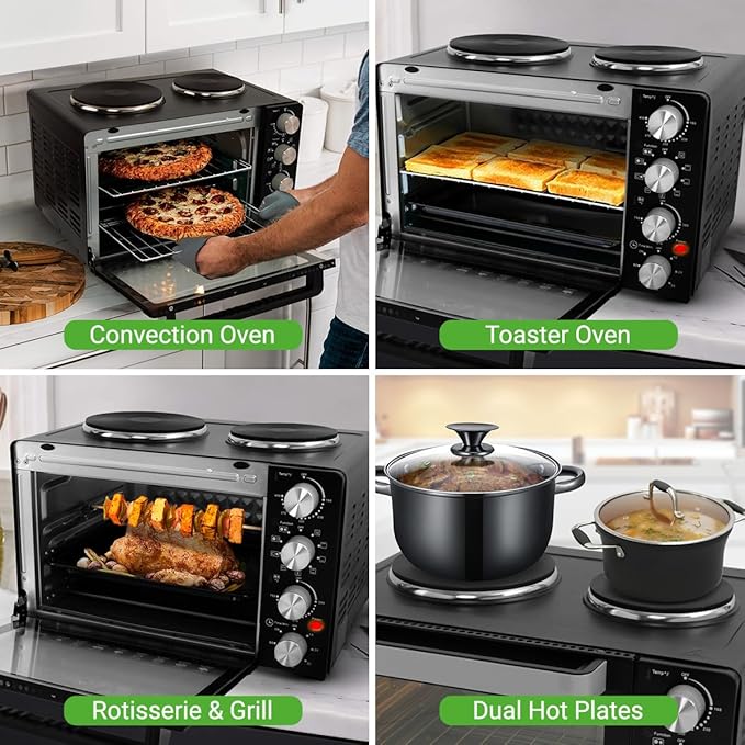 NutriChef 30 Quart Kitchen Convection Oven & 2 Burner Cooker - 1500 Watt Oven - 7 Cook Functions Rotisserie, Cook, Bake, Broil & More - Includes Baking Tray, Skewers & Handles - 19.6 x 16.0 x 13.5 IN