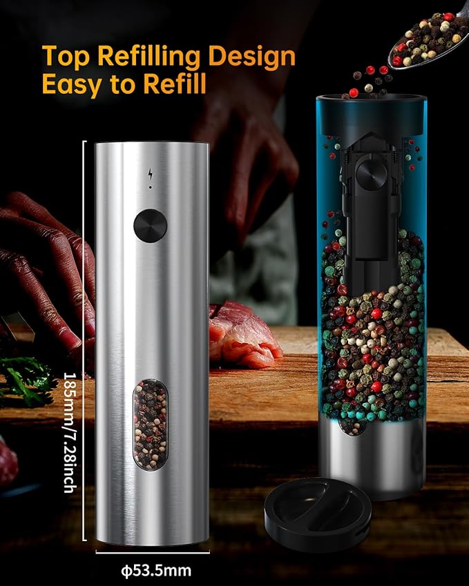 CIRCLE JOY Rechargeable Electric Salt and Pepper Grinder Set Automatic Stainless Steel Pepper Mill Grinders with Charging Base, Adjustable Coarseness, 110ml Container and Bright LED Light, Silver