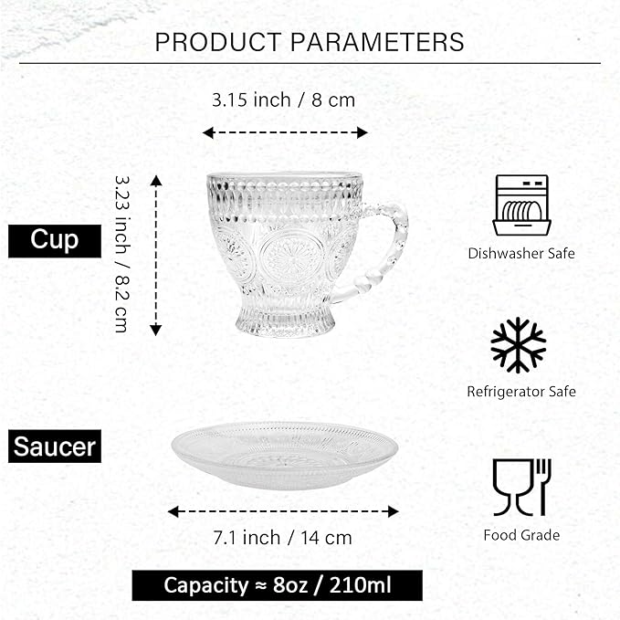 Glass Tea Cups and Saucers Set of 6 - Vintage Coffee Mugs -Teacups Set for Espresso Cappuccino Latte Tea - Dishwasher Microwave Safe (7OZ / 210ML)