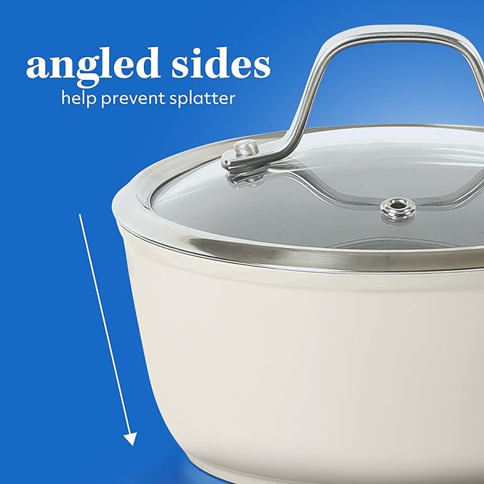 Sur La Table Kitchen Essentials 10 Piece PFA Free Non-Toxic Titanium Ceramic Nonstick Interior Forged Aluminum Cookware Pots and Pans Set - Linen White - Induction Compatible