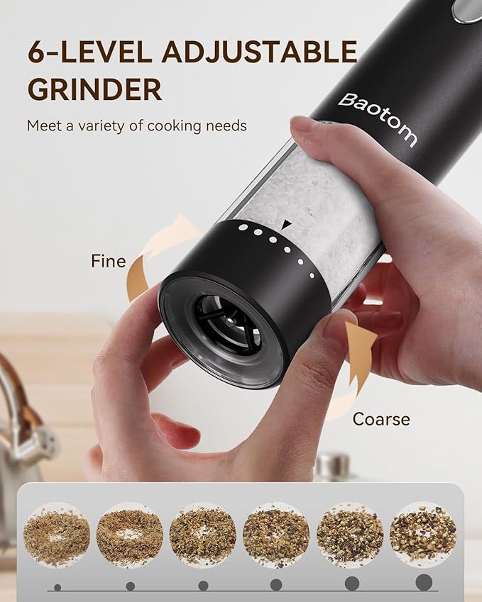 Electric Salt and Pepper Grinder Set with Dual Charging Base, 6 Adjustable Coarseness Levels & External Grind Settings, One-handed Operation Salt and Pepper Mills with LED Light,Black & White