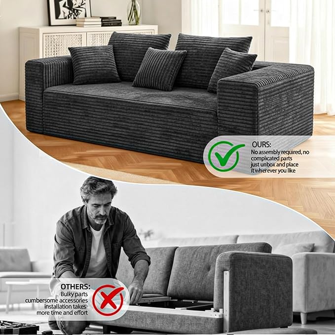 3-Seater Deep-Seat Corduroy Lounge Sleeper Sofa - No Assembly, Frameless Foam Cloud Couch for Living Room, Bedroom, Apartment, Dorm, Office